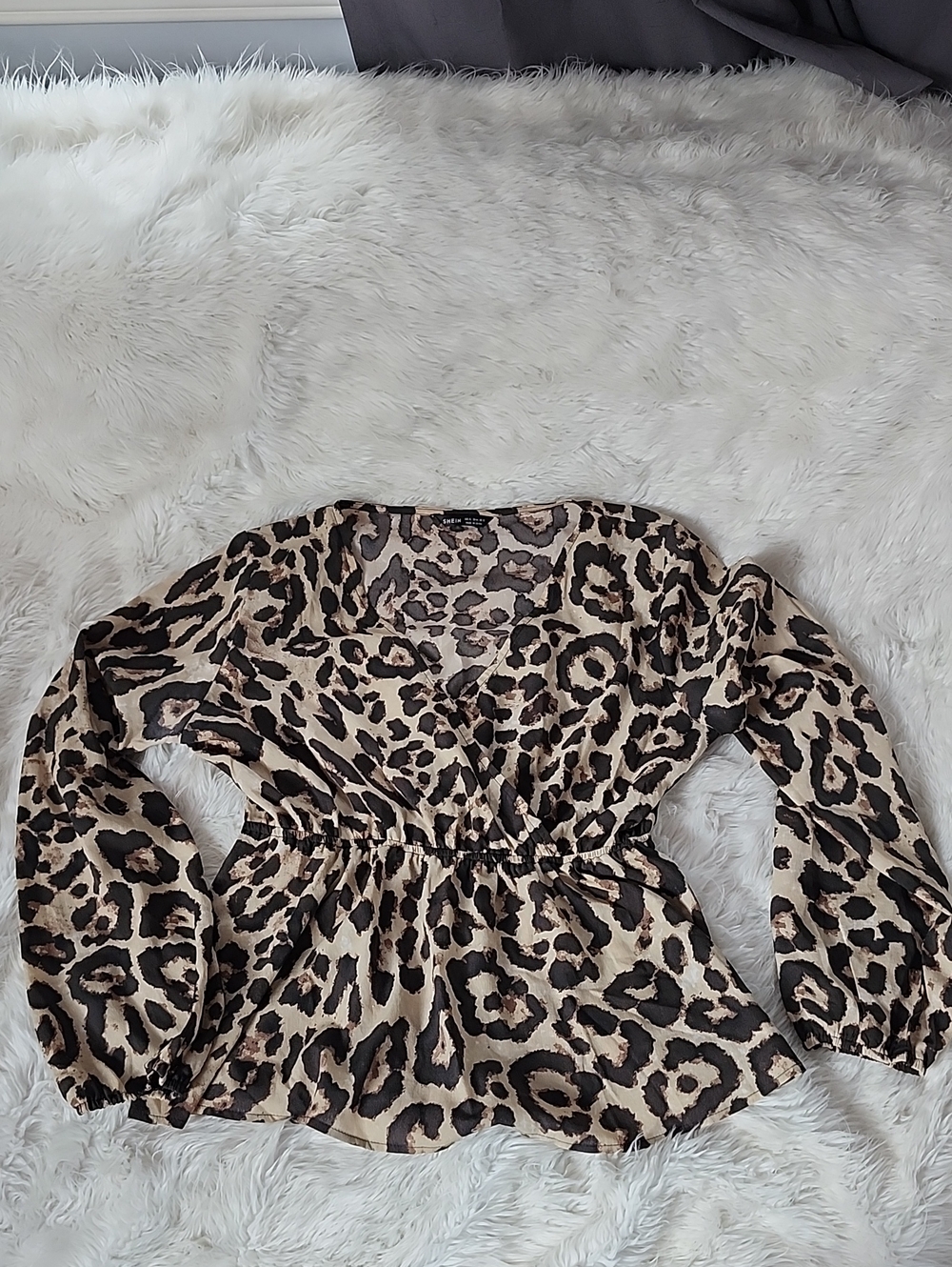 SHEIN Beige and Black Leopard Print Peplum Blouse